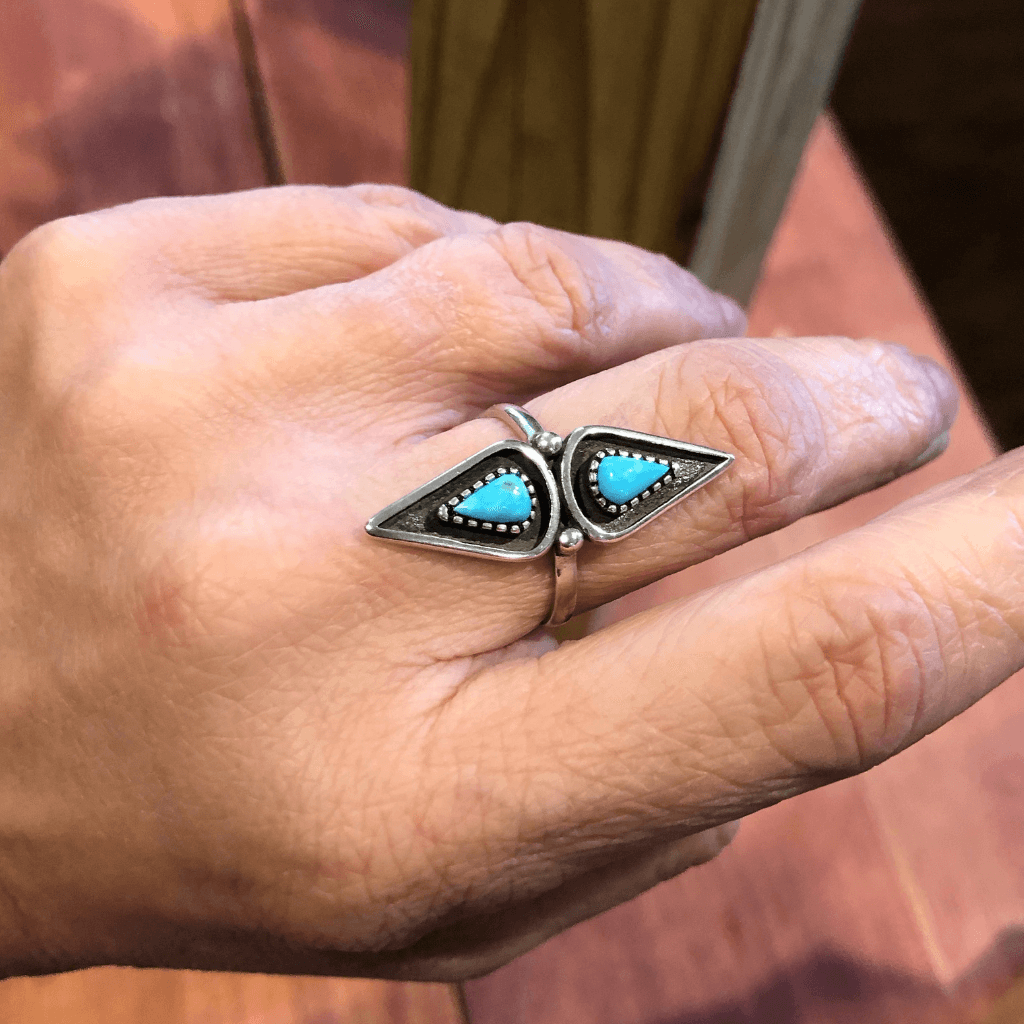 Double Teardrop Turquoise and Silver Ring - Artisan Find Backyard Silversmiths